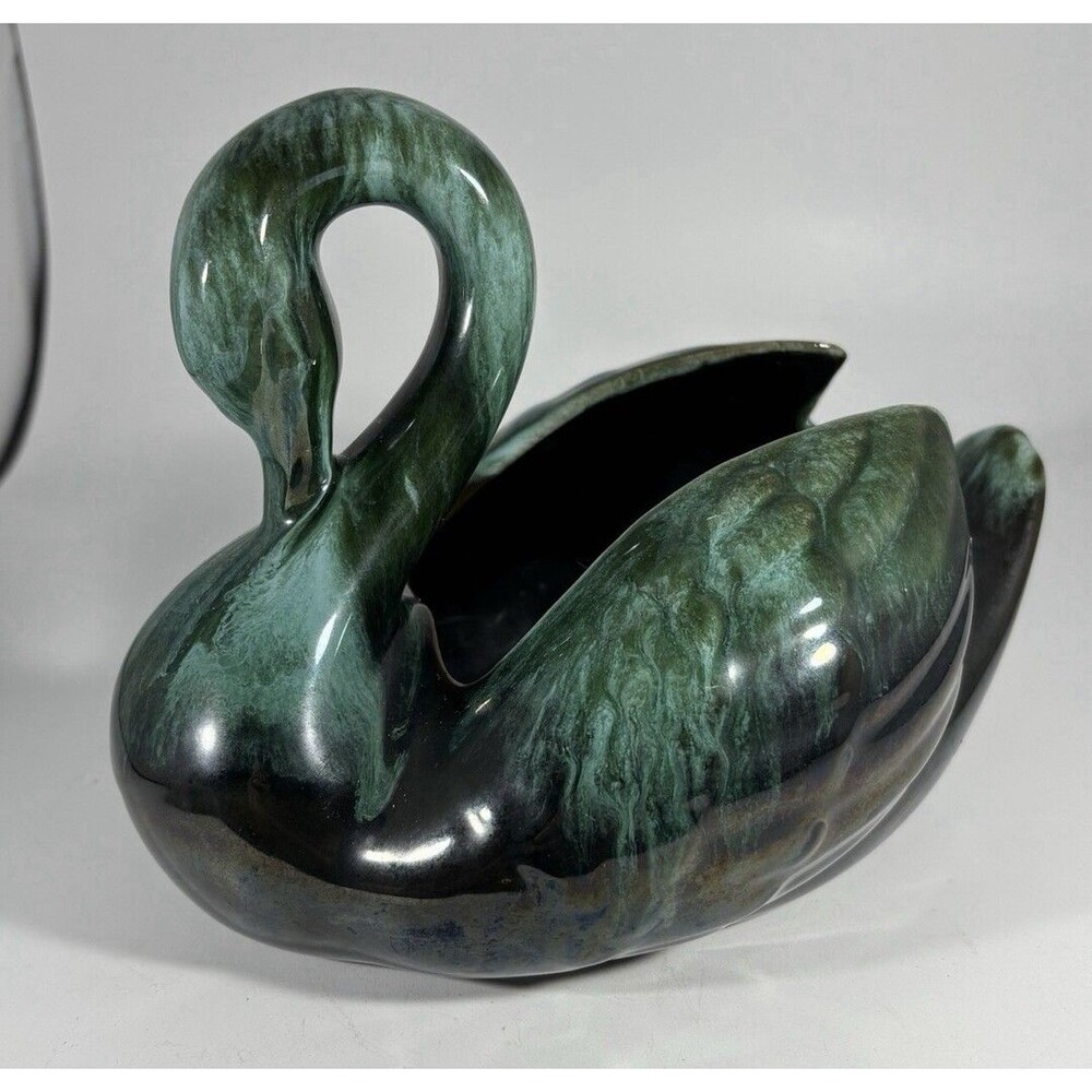 Vintage Blue Mountain Pottery Swan Green and Black Drip Glaze Redware Canada